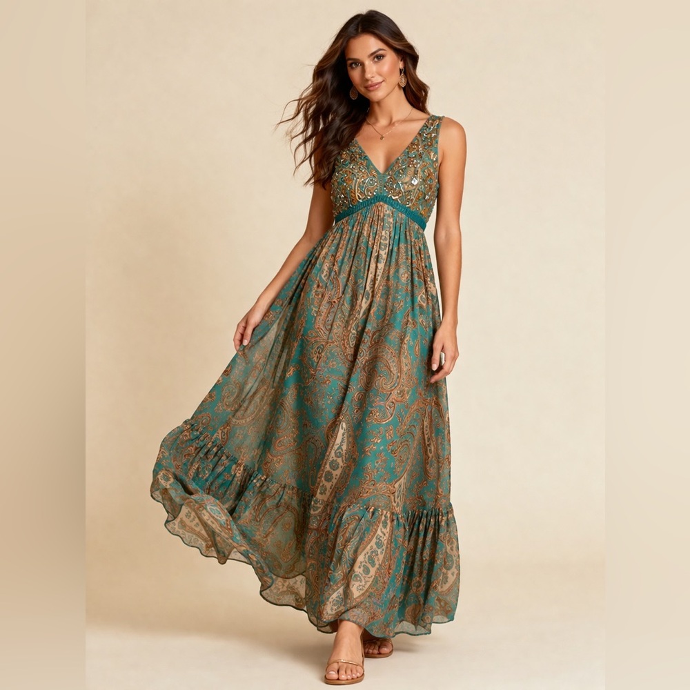 Anthropologie Ranna Gill Beaded Paisley Maxi Dress Teal Size XS